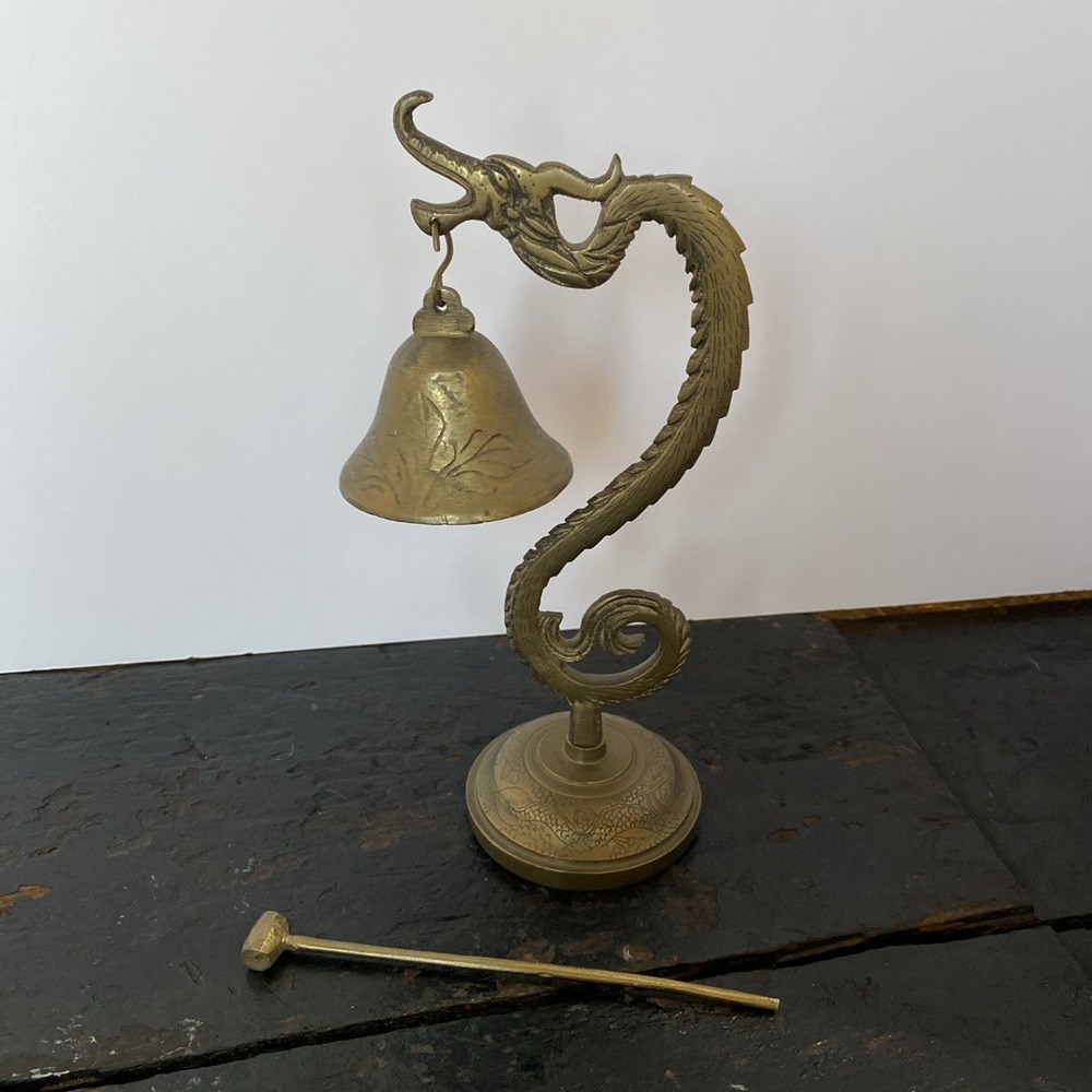 VTG BRASS DRAGON DINNER BELL & HAMMER ETCHED CHINA HEAVY Gong Asian